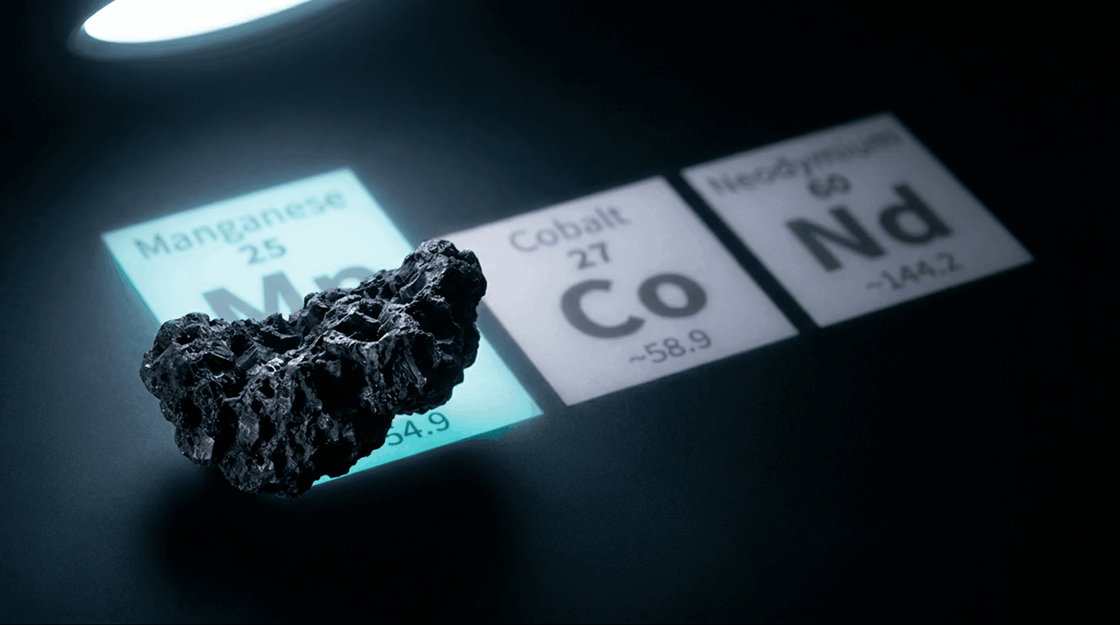 Periodic table elements cobalt, manganese, and neodymium displayed alongside a polymetallic manganese nodule
