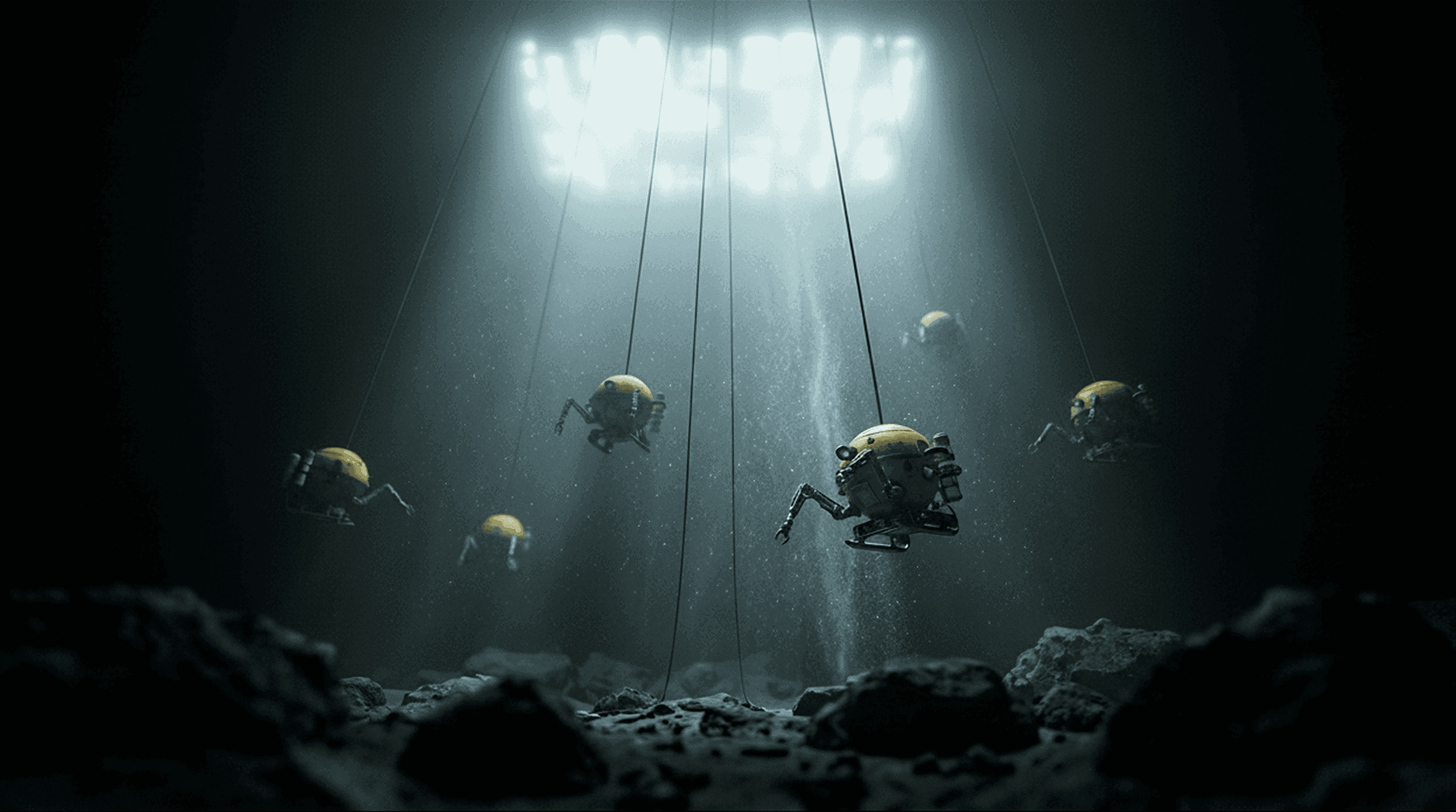 Fleet of illuminated rovers descending on tethers from above, light beams cutting through deep ocean darkness
