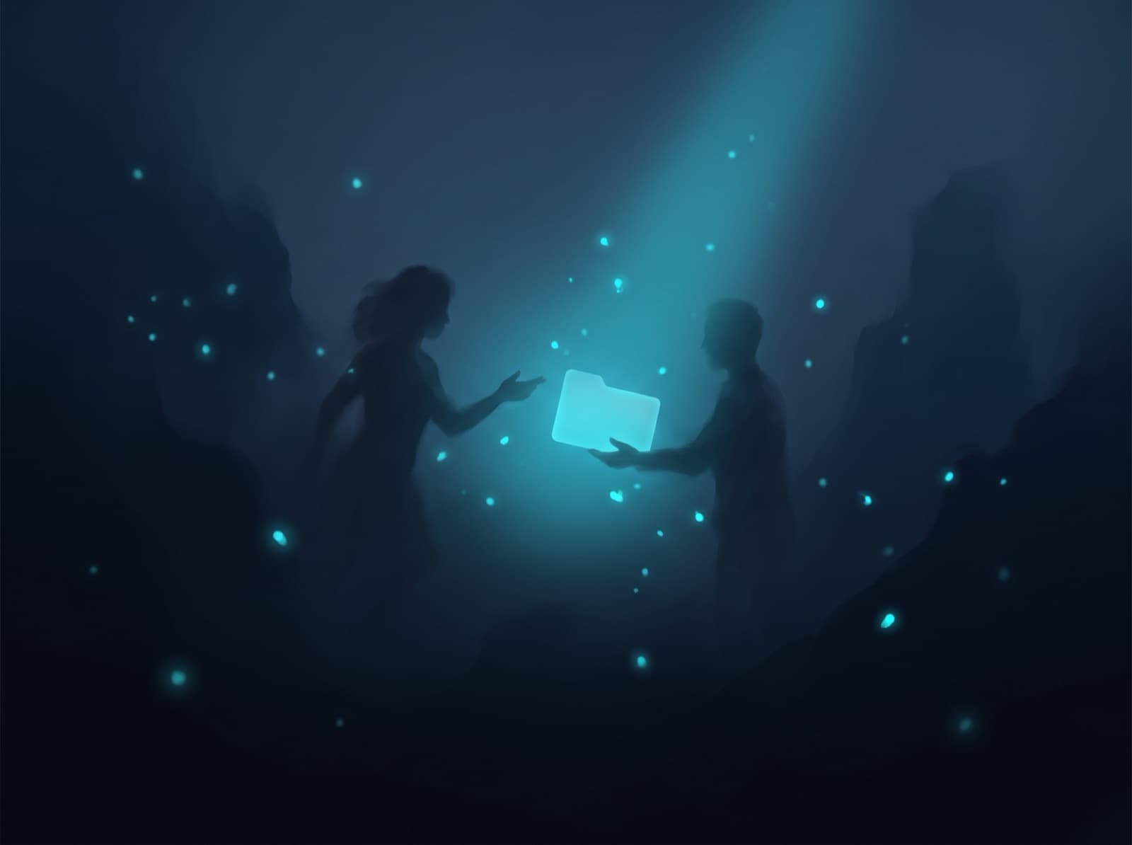 Two colleagues exchanging a glowing document